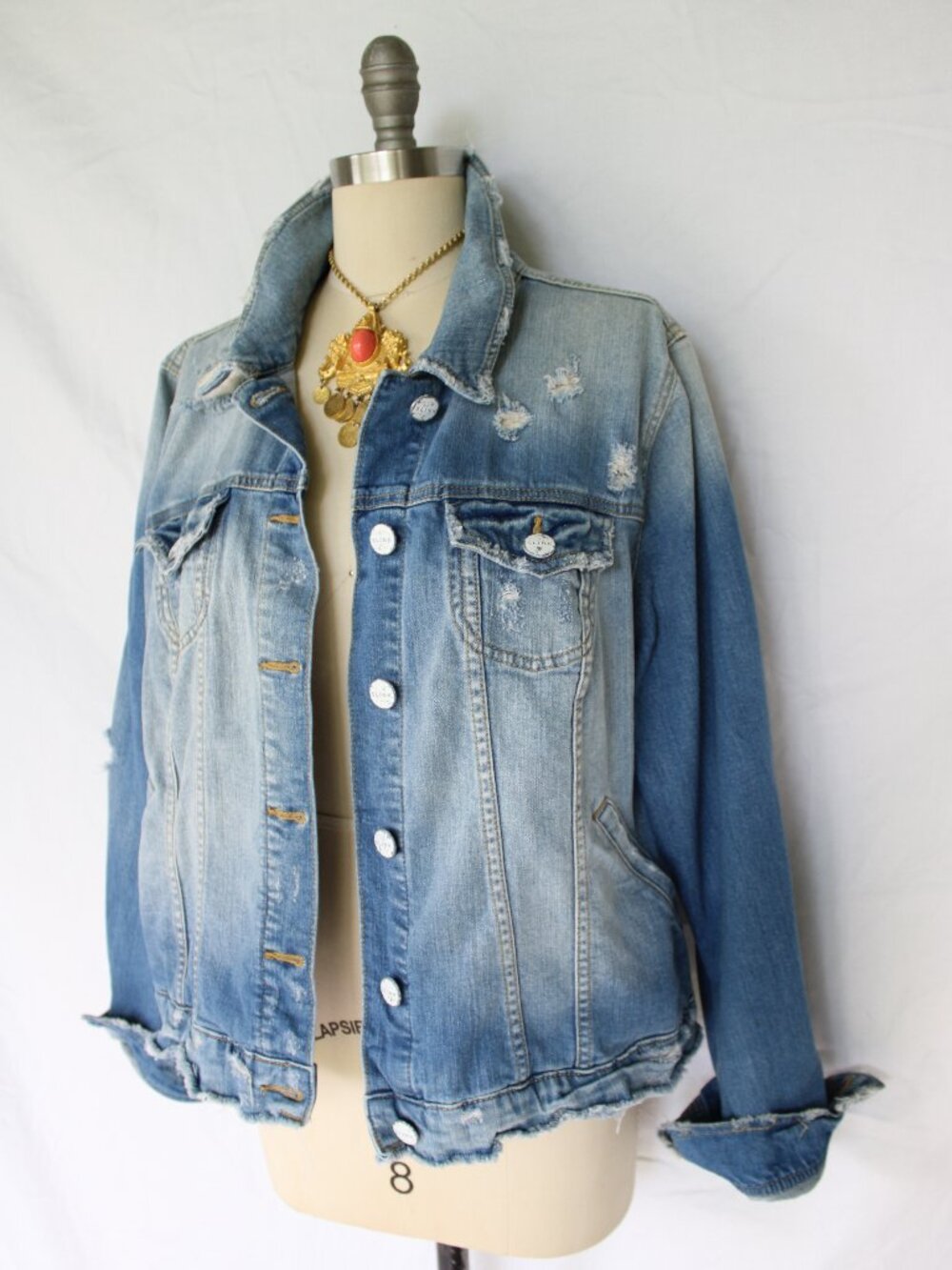 SLINK Love Your Body blue denim trucker jean jacket distressed vintage wash 1X